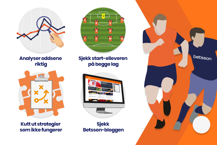 Betssons tippeguide for fotball. Nybegynnere i tipping har en tendens til å gå for de høye oddsene. De store gevinstene lokker. Men du må selvfølgelig vurdere dem i forhold til den reelle sannsynligheten, ikke bare ut fra om de er høye eller lave.