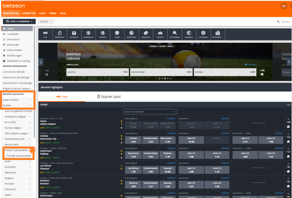 Transfer Wetten und Quoten bei Betsson